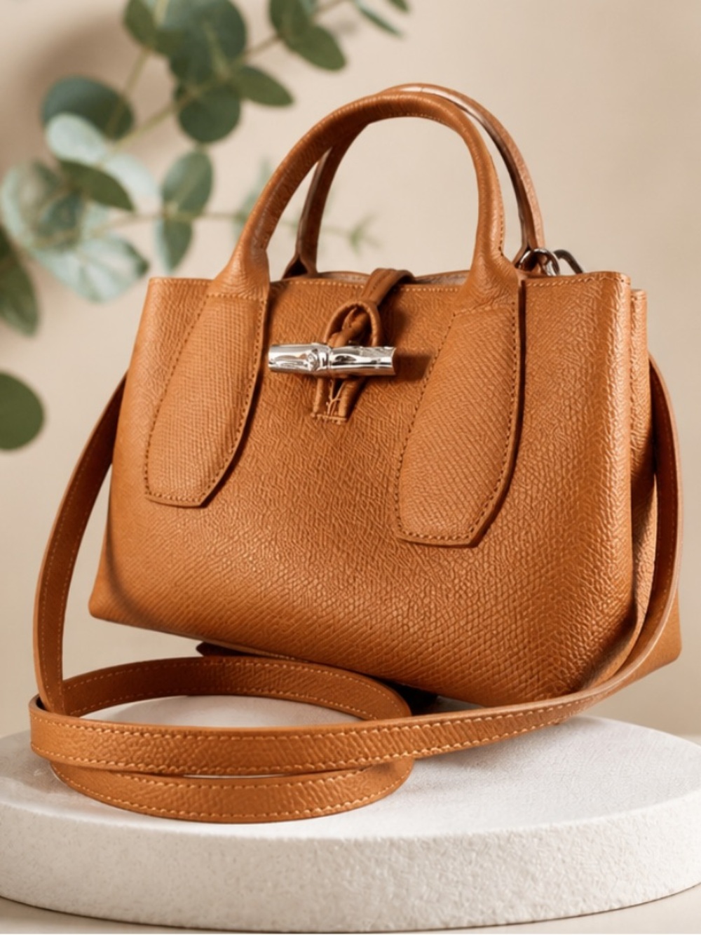 Longchamp Roseau 2 Way Camel Leather Satchel with Top Handle/ Crossbody Strap.